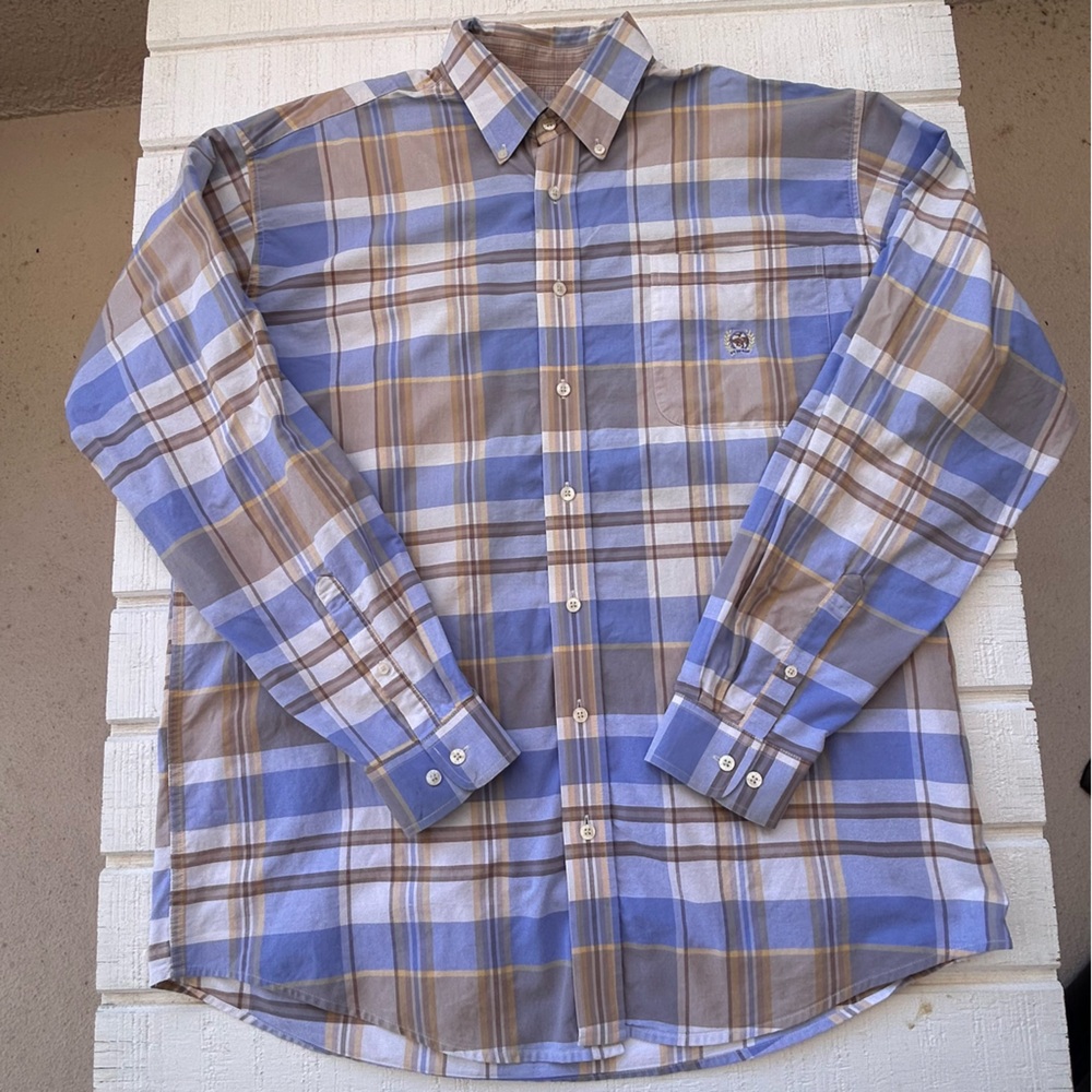 Cinch Men’s Button Down Shirt Brown/Blue Plaid Long Sleeve Size Large‎